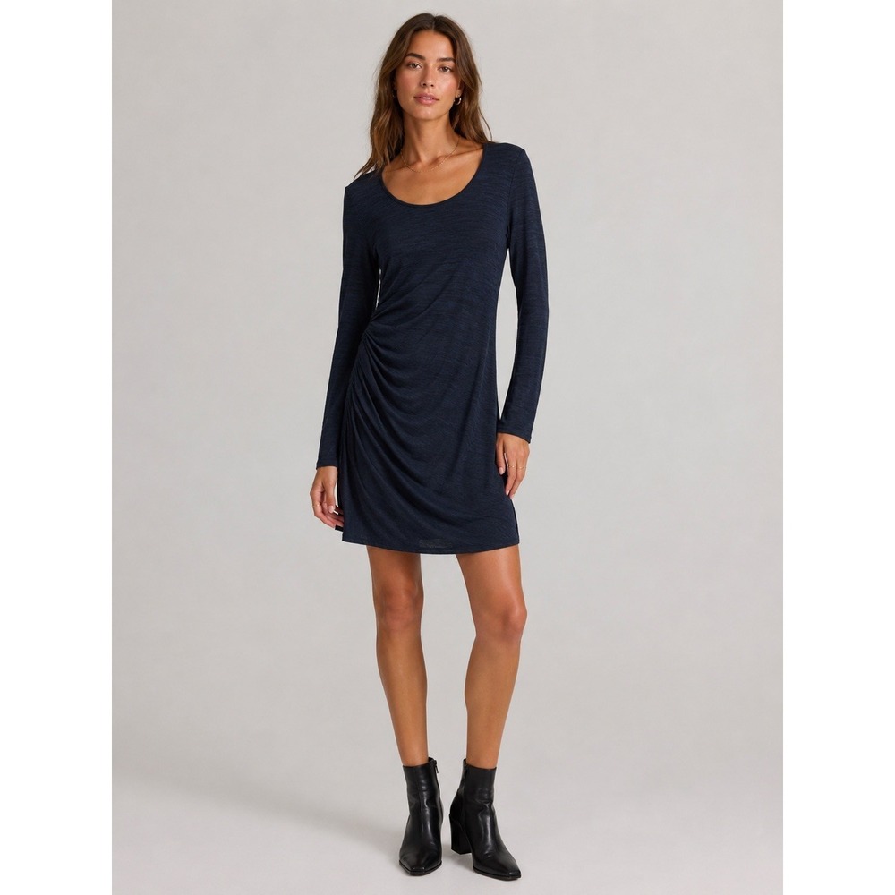 Rag & Bone Jean Navy Space Dye Ruched Long Sleeve Scoop Neck Mini Dress L